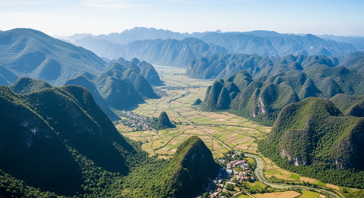 Aerial view of the Dien Bien Phu valley with surrounding green mountains