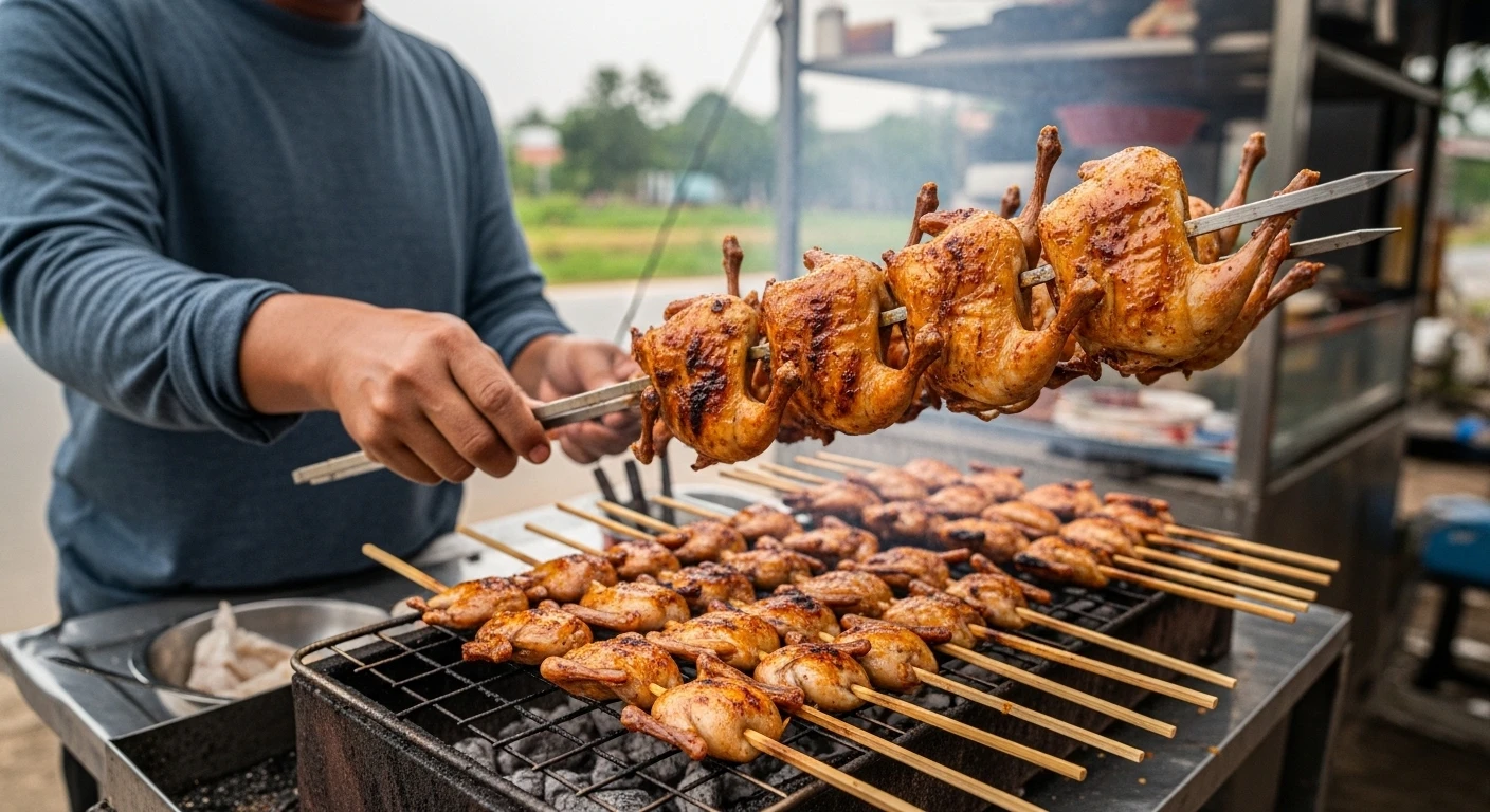 A vibrant roadside stall in Dong Nai, showcasing skewers of roasted quail.