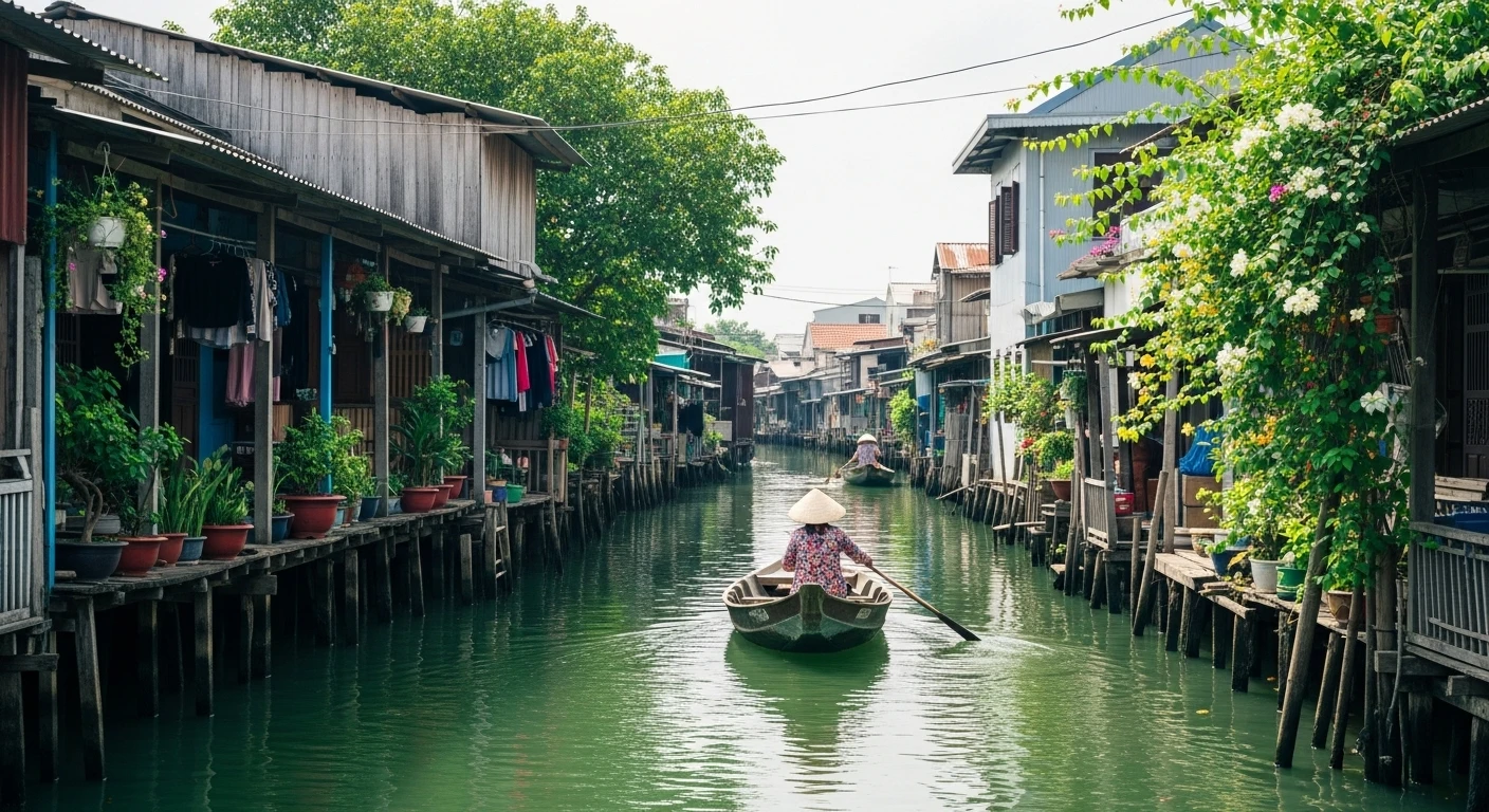 A narrow canal in Sa Dec, Mekong Delta, lined with traditional Vietnamese houses and small boats