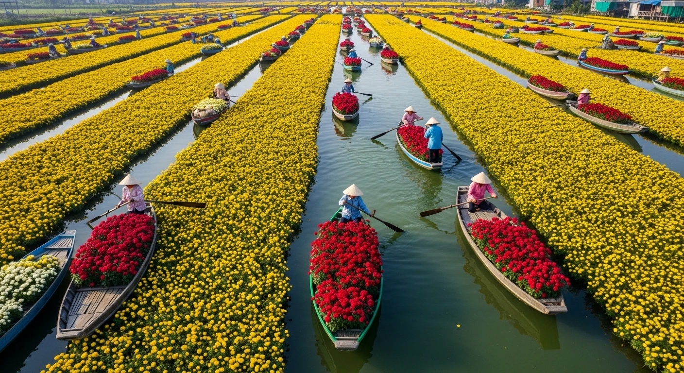 Vibrant floating flower village in Sa Dec, Mekong Delta, Vietnam, with boats overflowing with colorful blooms