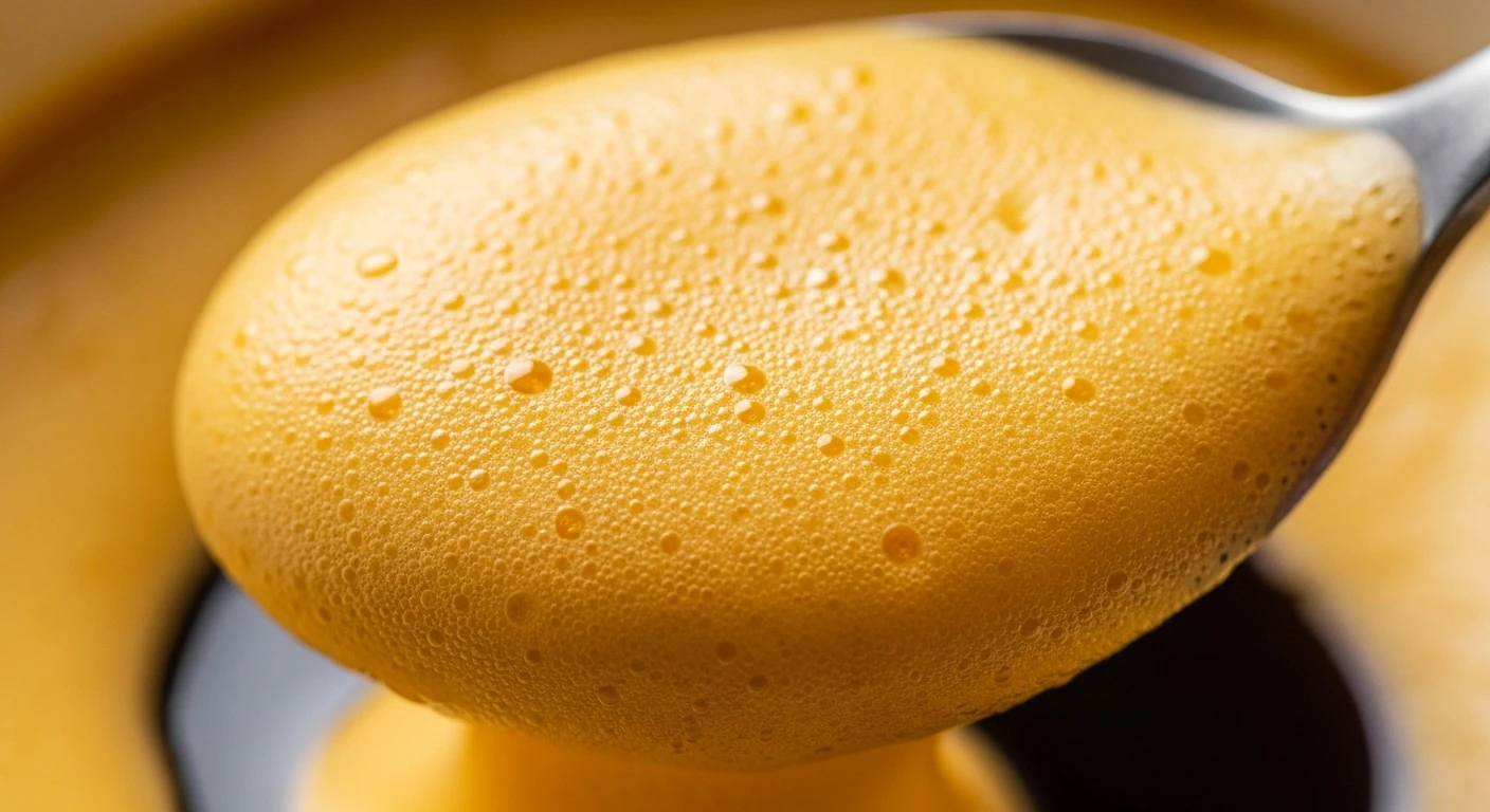 Close-up of a spoon scooping thick, creamy egg foam from a cup of Vietnamese egg coffee.