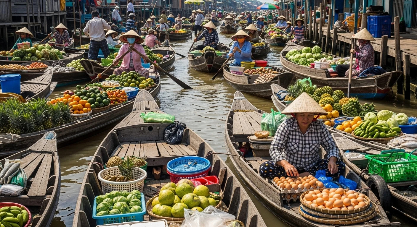 A vibrant floating market in the Mekong Delta, with vendors selling fresh produce and local goods from their boats.