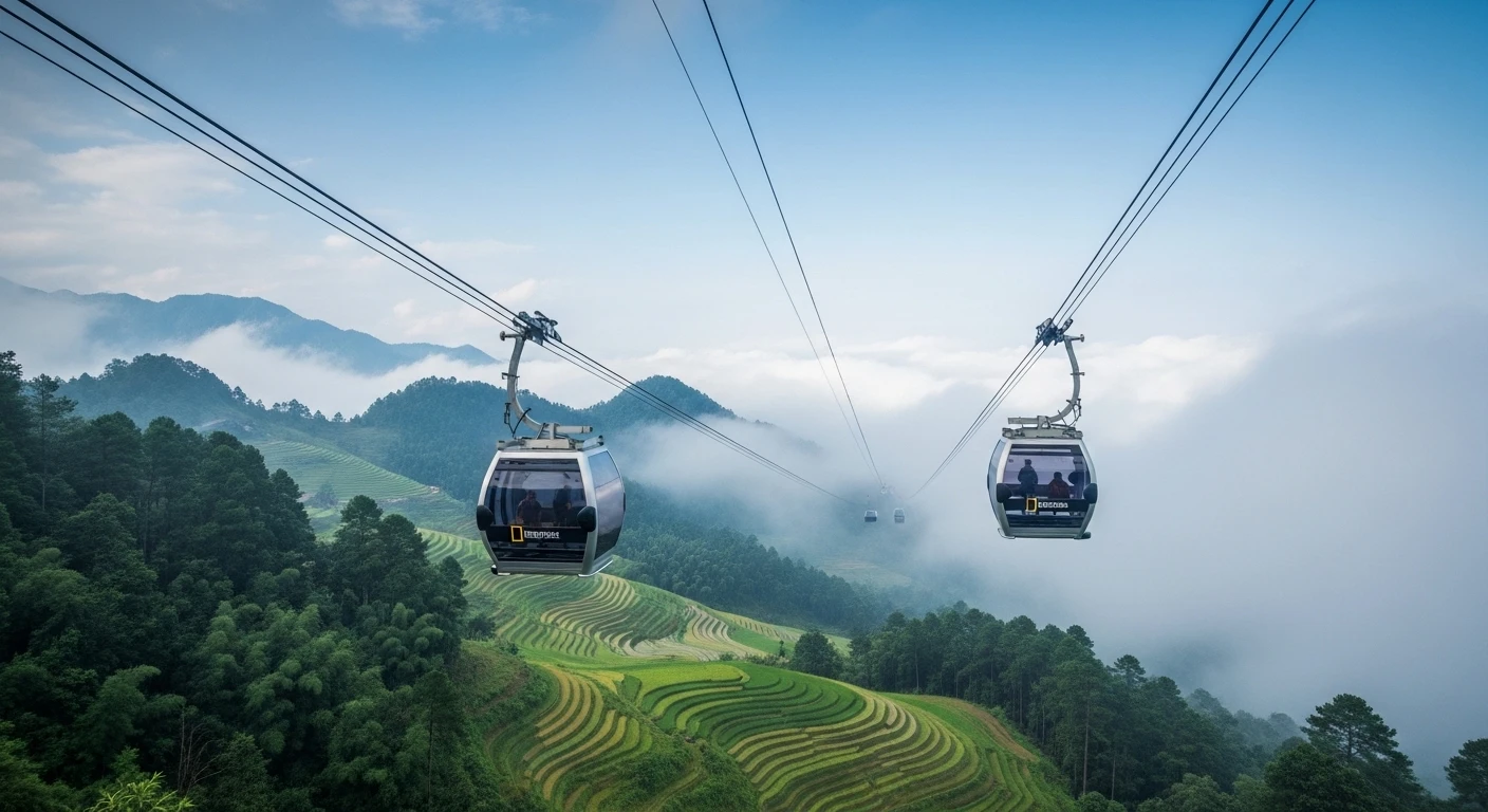 A modern cable car cabin ascending towards the misty peaks of Fansipan, with lush green mountains below