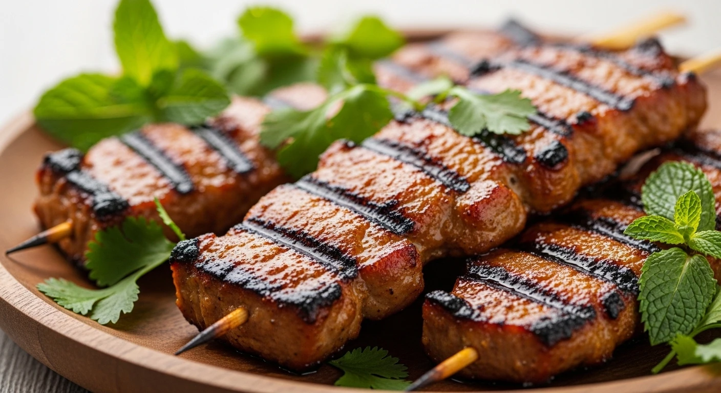 A close-up of succulent grilled mountain pork skewers, glistening with marinade and resting on a bed of fresh herbs