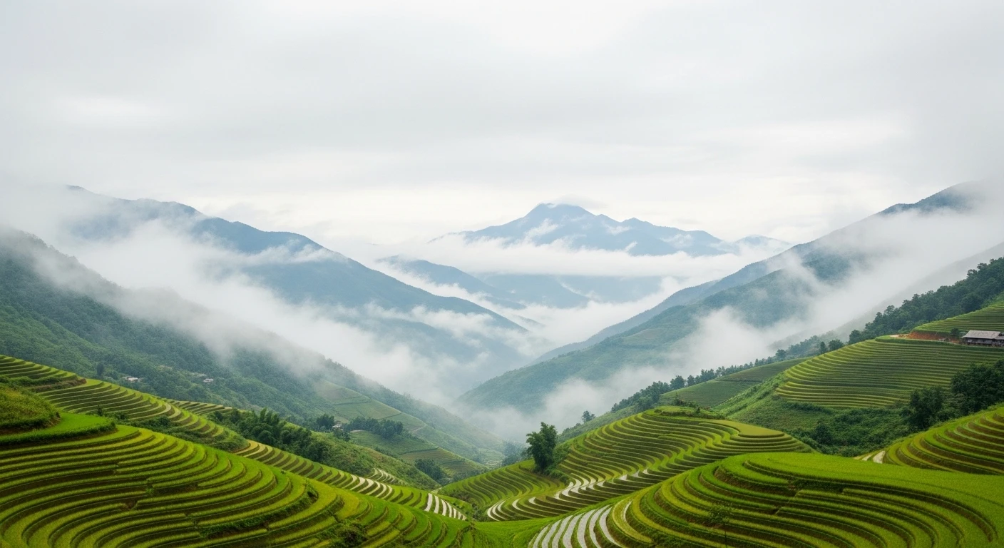 Panoramic view of Sapa mountains shrouded in mist, with the peak of Fansipan visible in the distance
