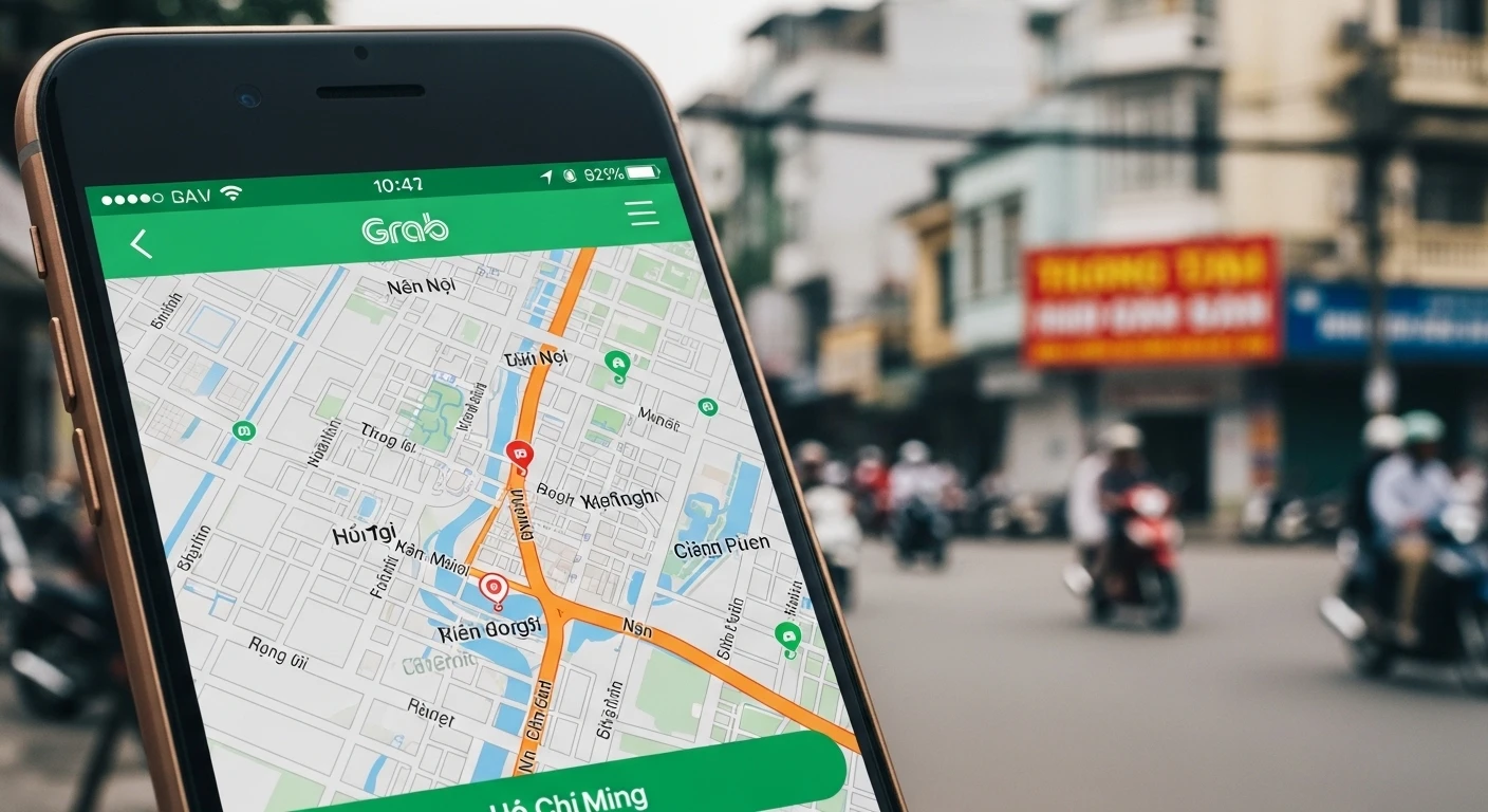 A person looking at a smartphone displaying the Grab app interface with a map of Ho Chi Minh City