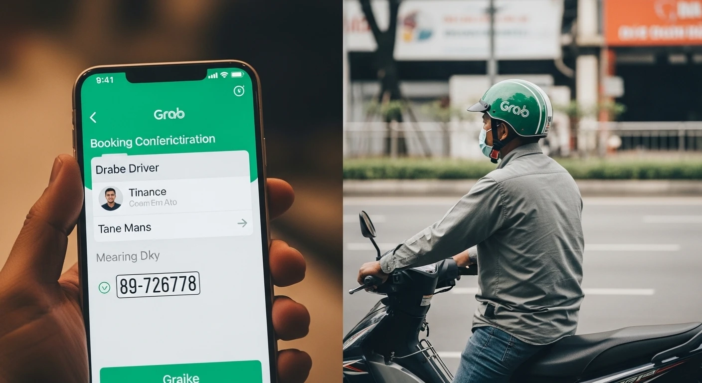 A split screen showing a Grab app booking confirmation with driver details and a photo of a GrabBike driver waiting
