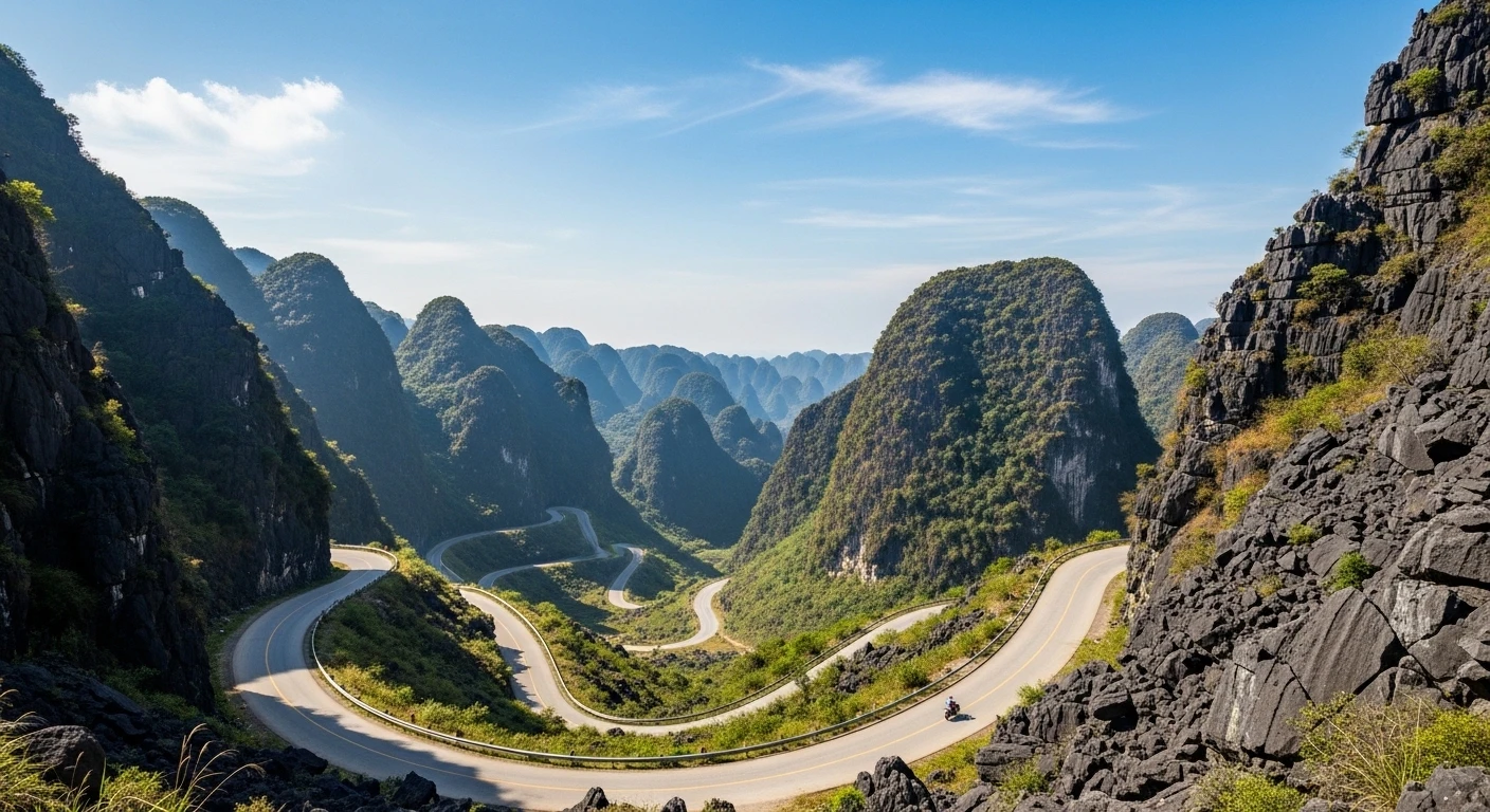 Panoramic view of Ha Giang mountains with a motorbike on the road