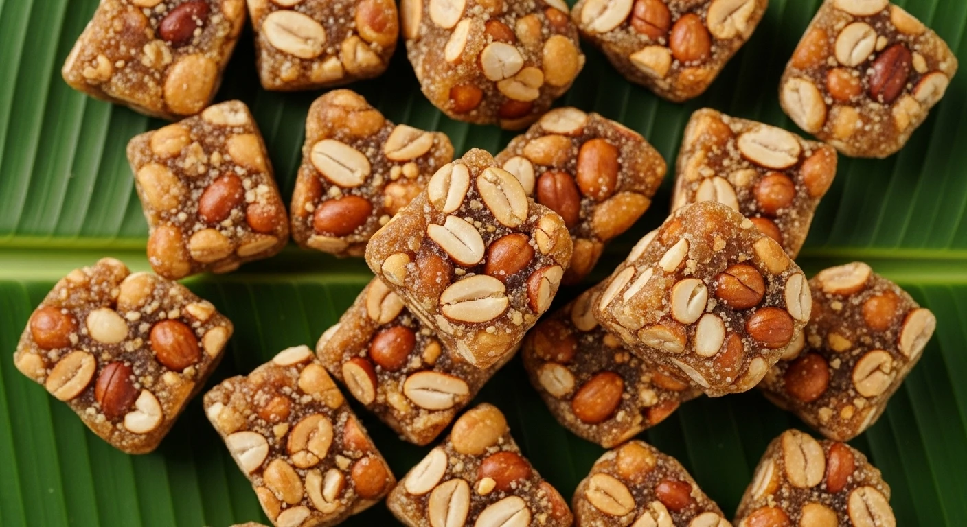 Close-up of hard, peanut-molasses Cu Do candy pieces on a banana leaf