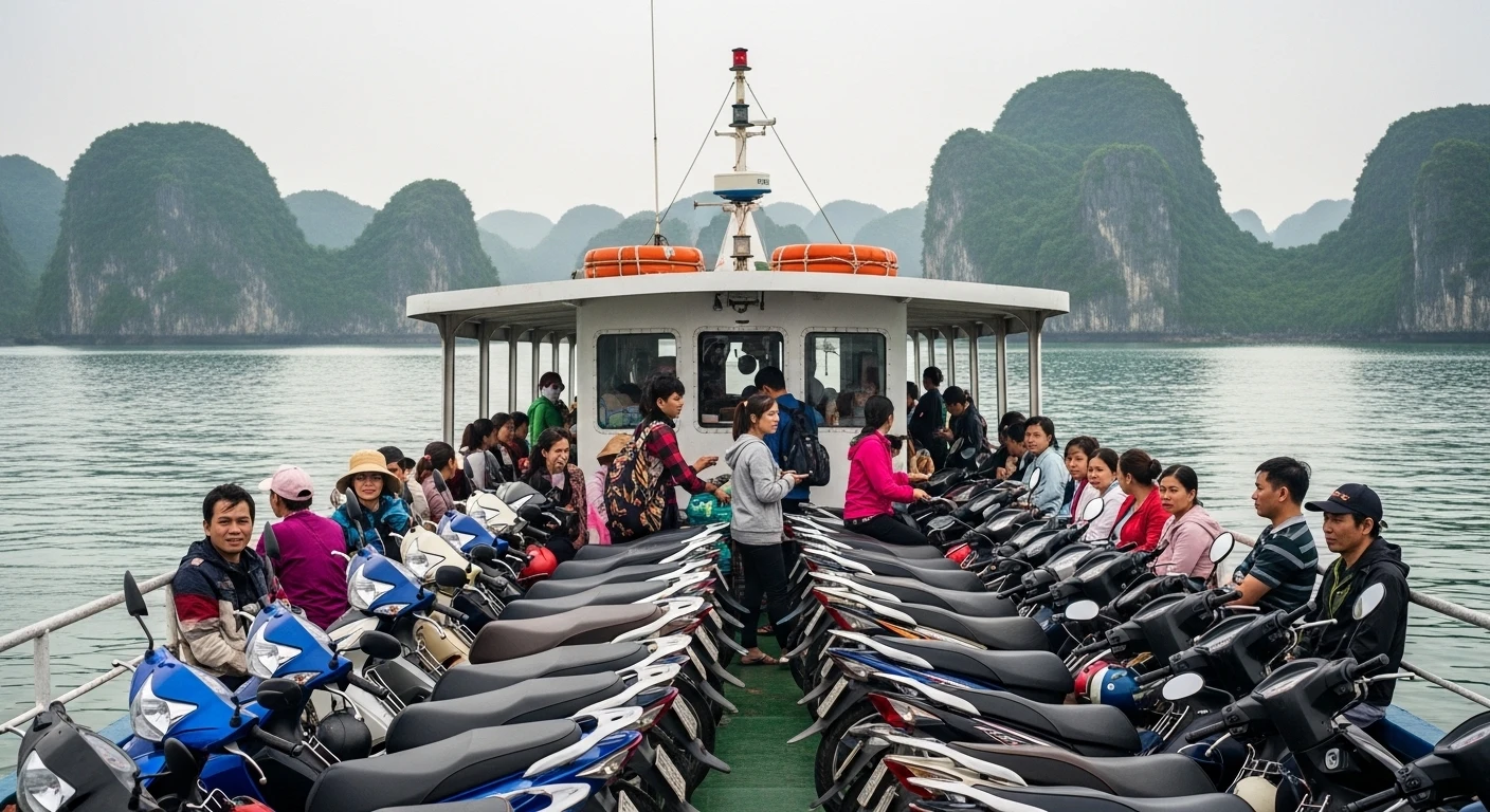 A typical Hai Phong ferry with passengers and scooters, heading towards Cat Ba Island