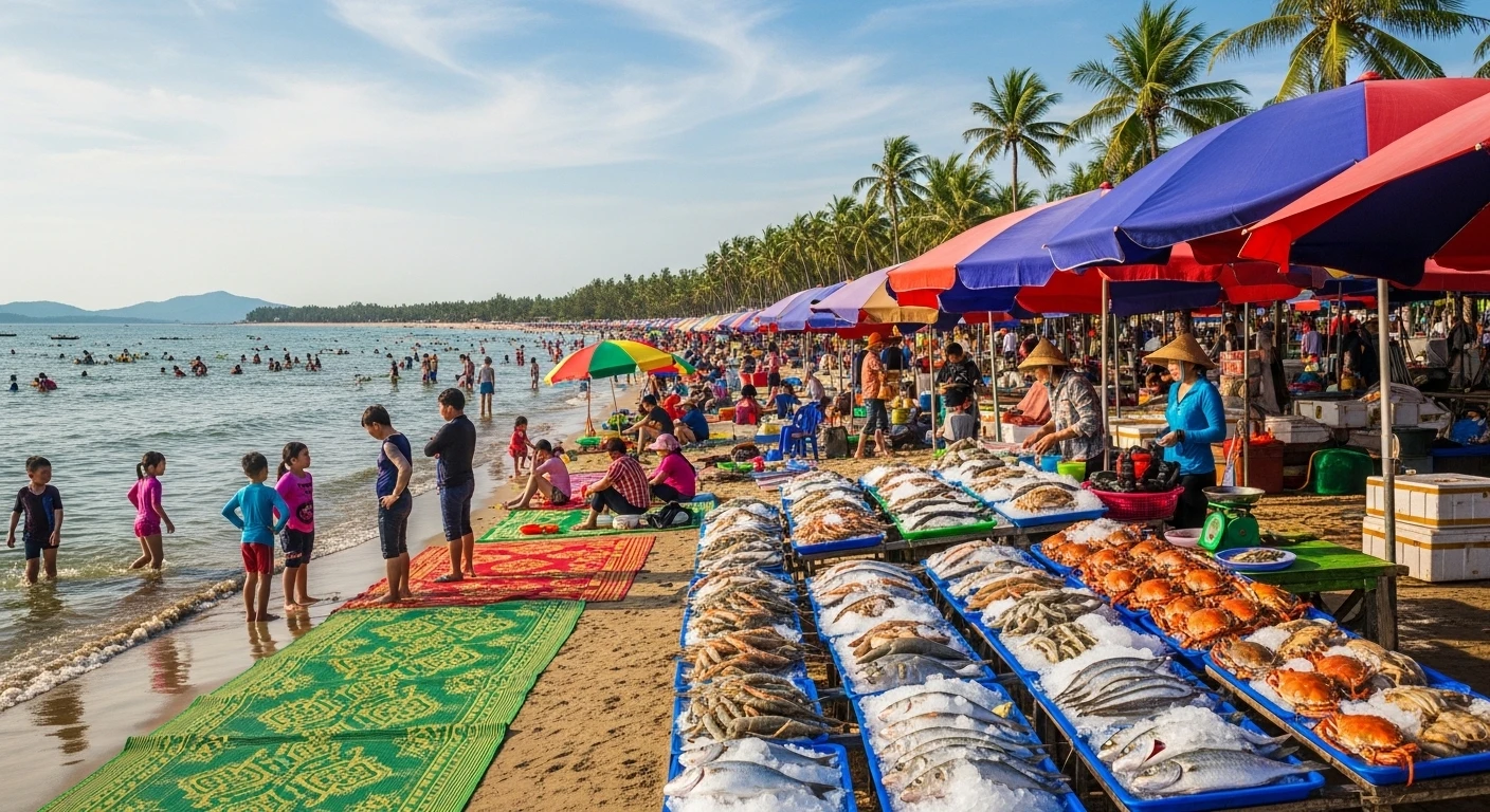 A lively scene at Do Son beach, with families enjoying the sun and seafood stalls