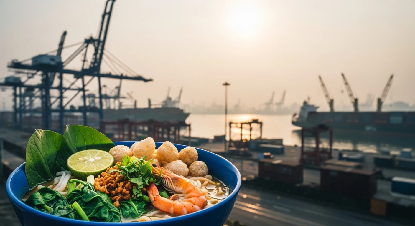 A busy port scene in Hai Phong with container ships and industrial cranes