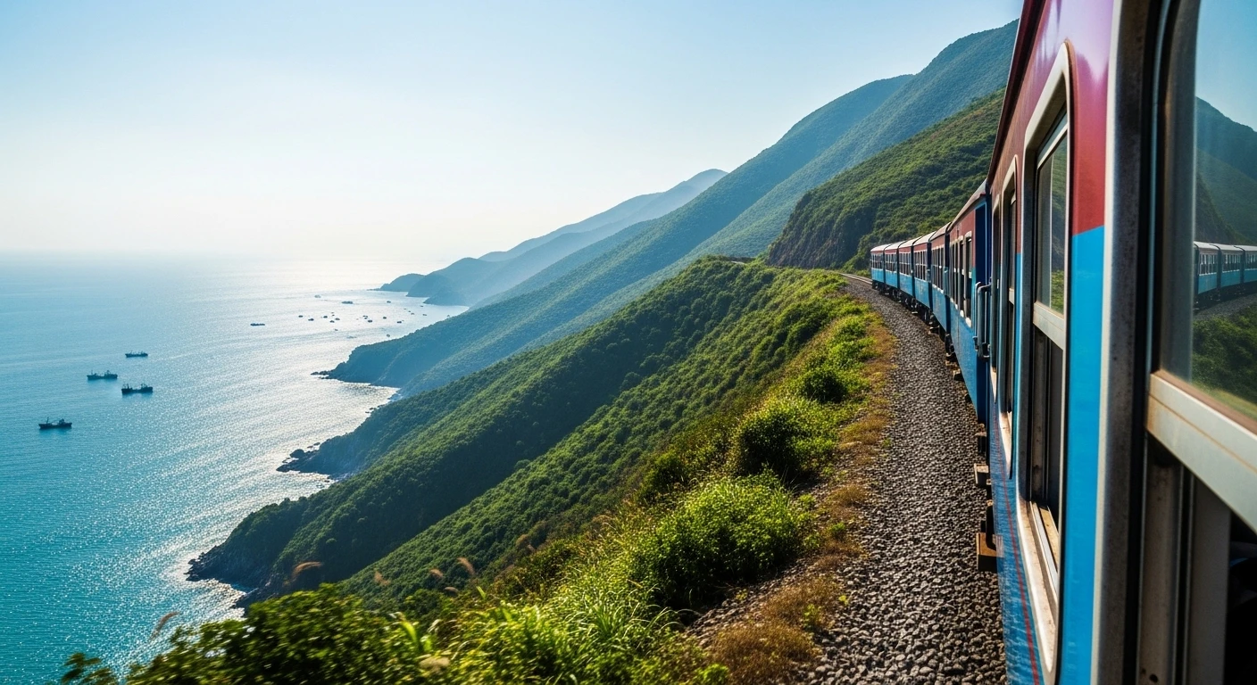 A panoramic view of the Hai Van Pass from the train window, showcasing lush green hills meeting the sparkling turquoise sea.