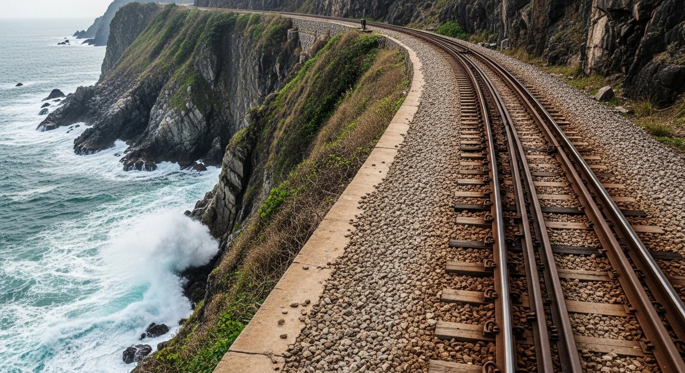 Close-up of the train tracks hugging the cliff edge of Hai Van Pass, with the ocean waves crashing below.