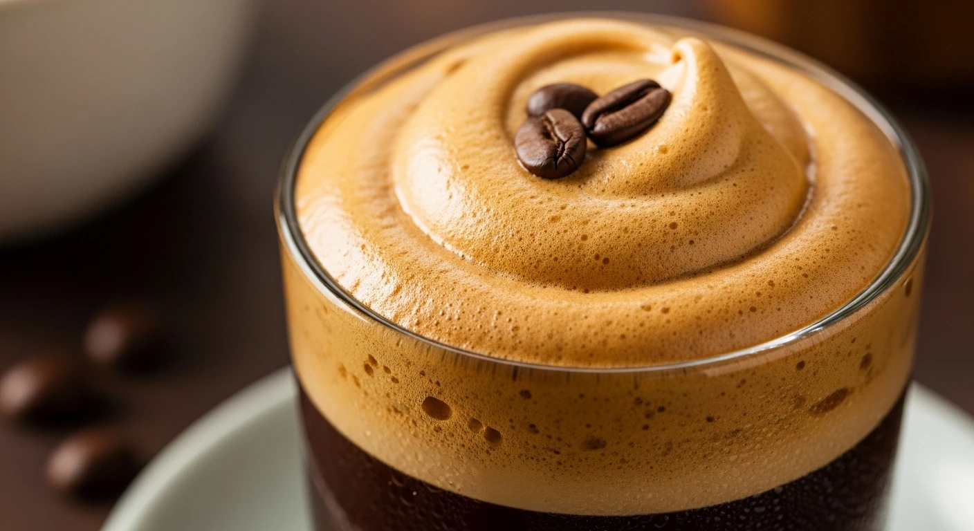A close-up of a glass of Hanoi egg coffee with its distinct frothy top