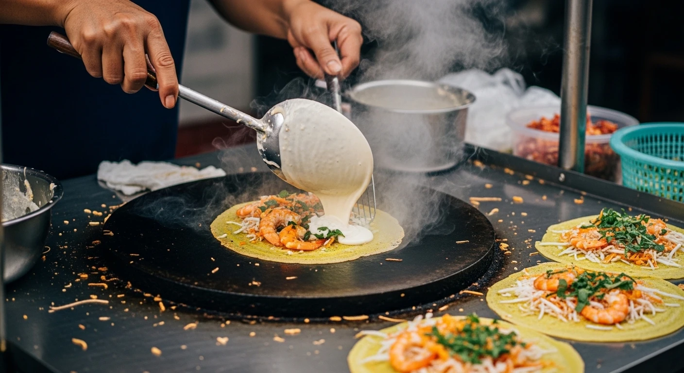 A close-up of a vendor preparing banh xeo on a hot griddle in Hanoi's Old Quarter