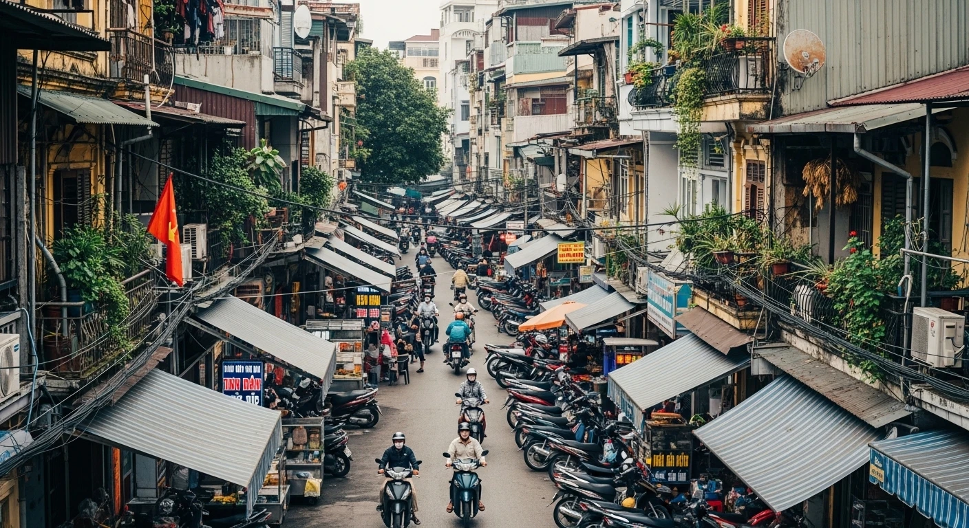A bustling street scene in Hanoi's Old Quarter with motorbikes, food stalls, and colonial architecture