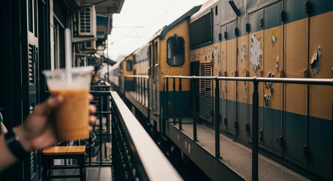 A close-up of a cafe balcony overlooking the train tracks in Hanoi