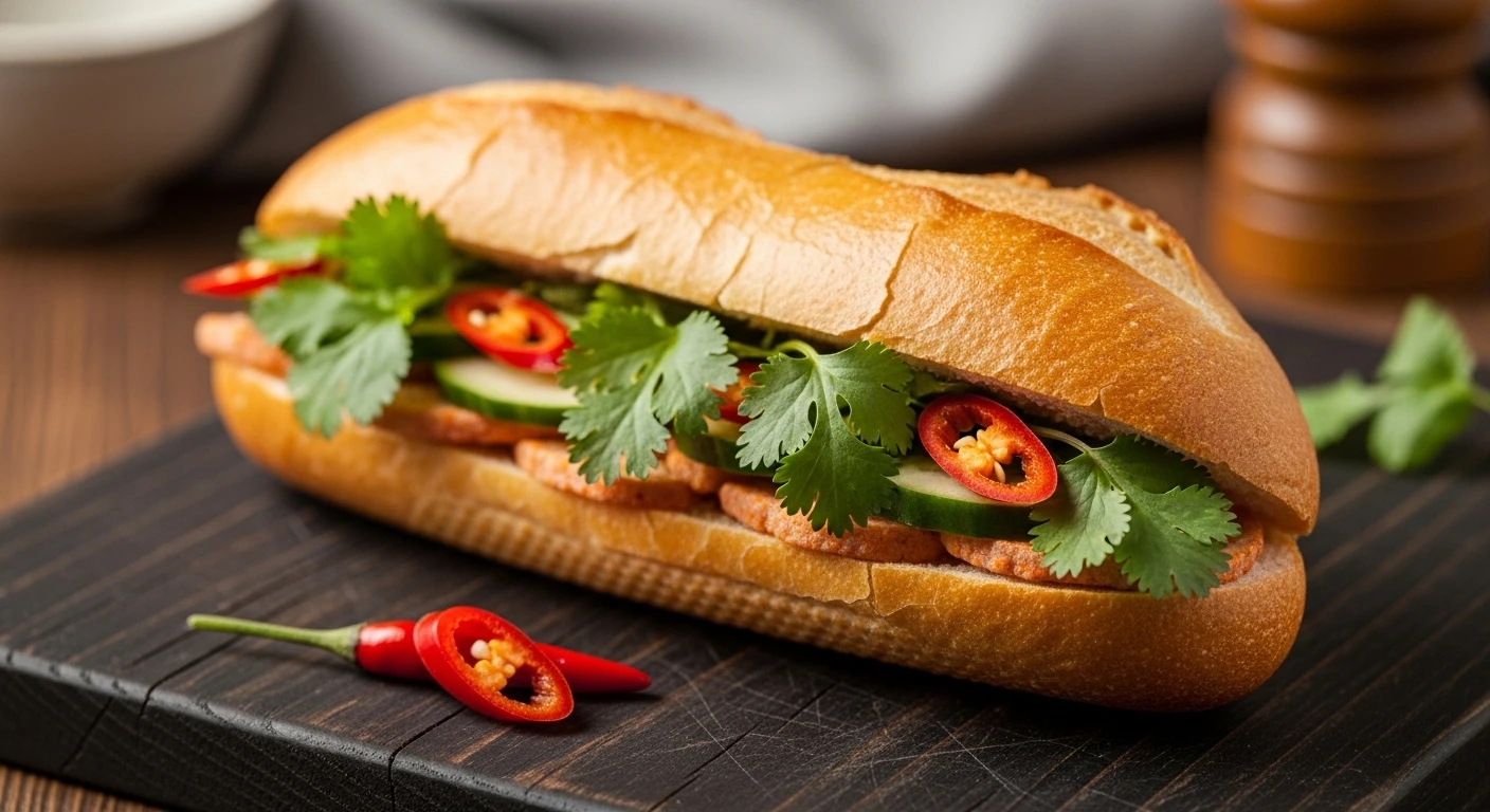 A beautifully presented banh mi sandwich on a rustic wooden board, garnished with cilantro and chili.