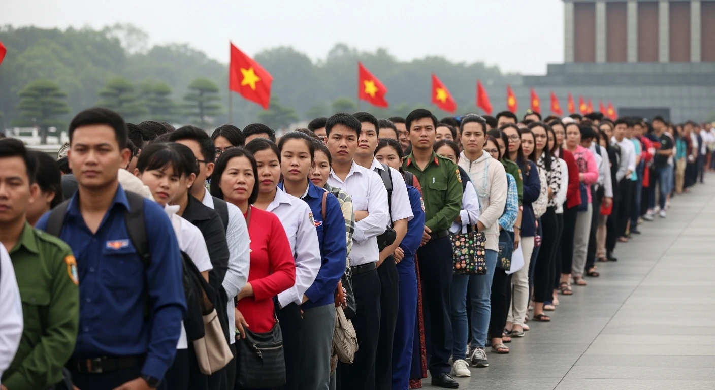 A solemn queue of visitors waiting to enter the Ho Chi Minh Mausoleum, with Vietnamese flags visible in the background