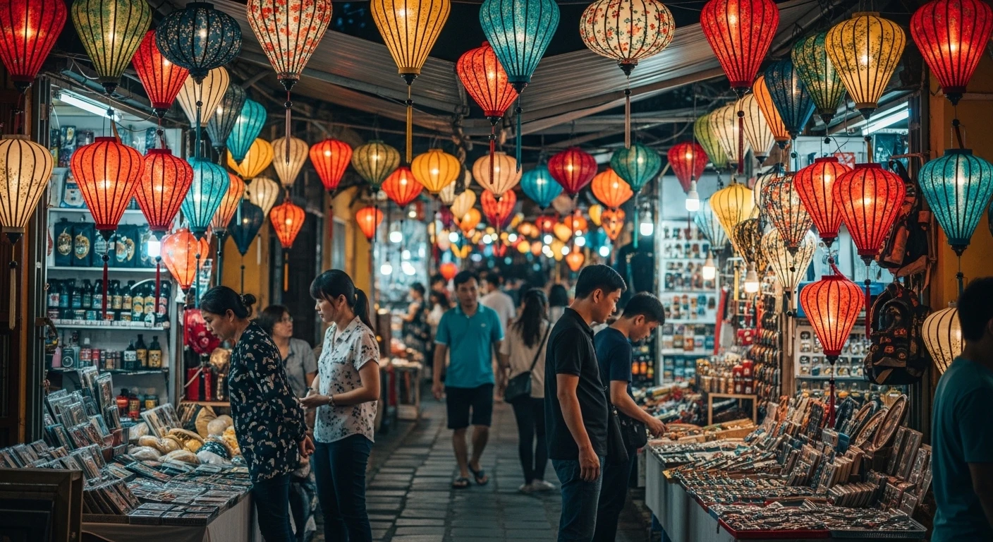 A bustling scene within the Hoi An night market, showcasing numerous stalls selling colorful lanterns and handicrafts.