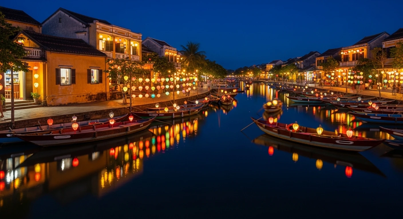 A panoramic view of Hoi An's ancient town at night, with the Hoai River reflecting thousands of colorful lanterns.