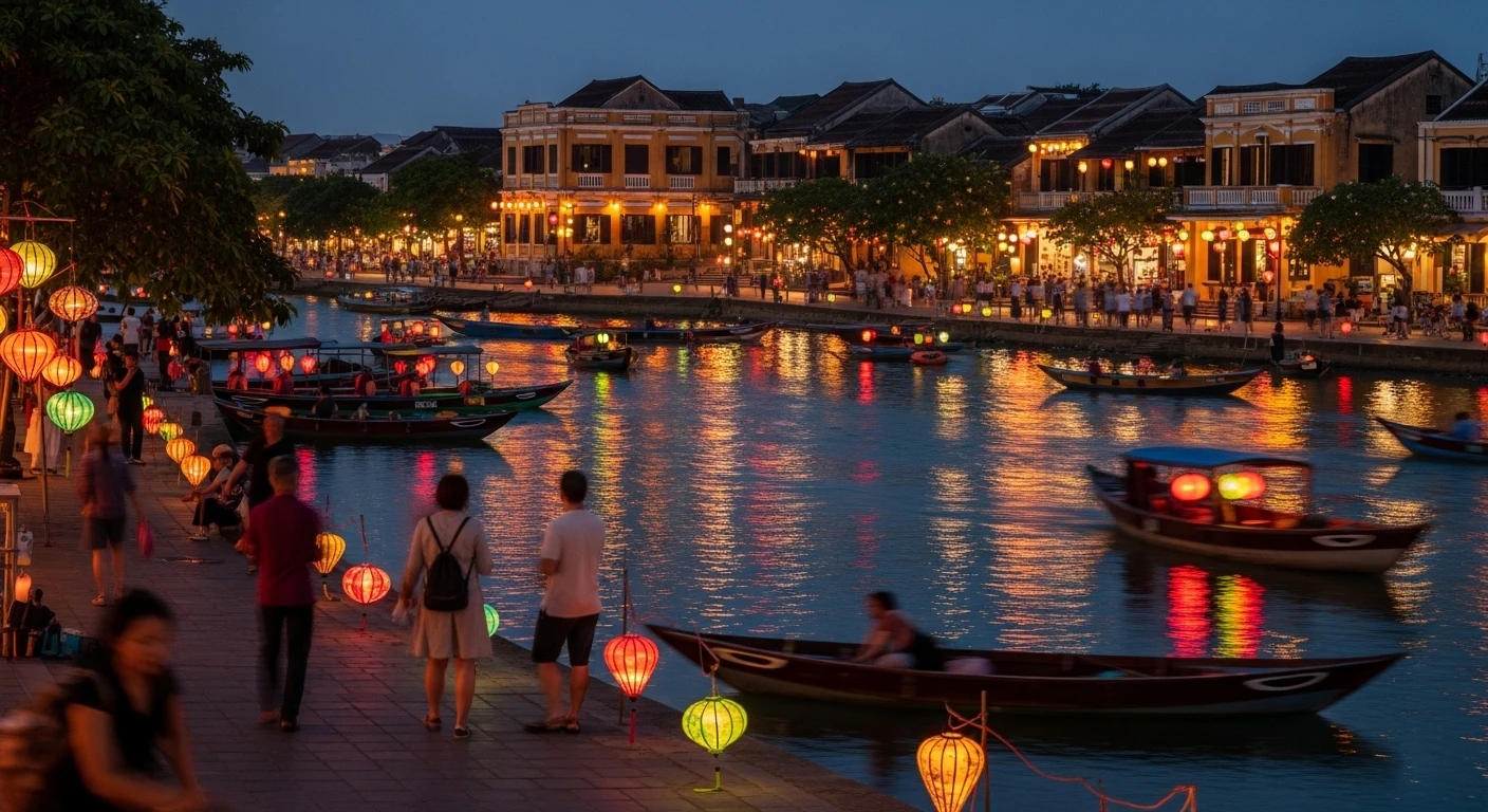 A panoramic view of Hoi An Ancient Town illuminated by thousands of silk lanterns at dusk