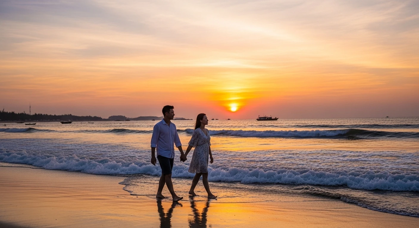 A couple walking hand-in-hand on An Bang Beach during sunset