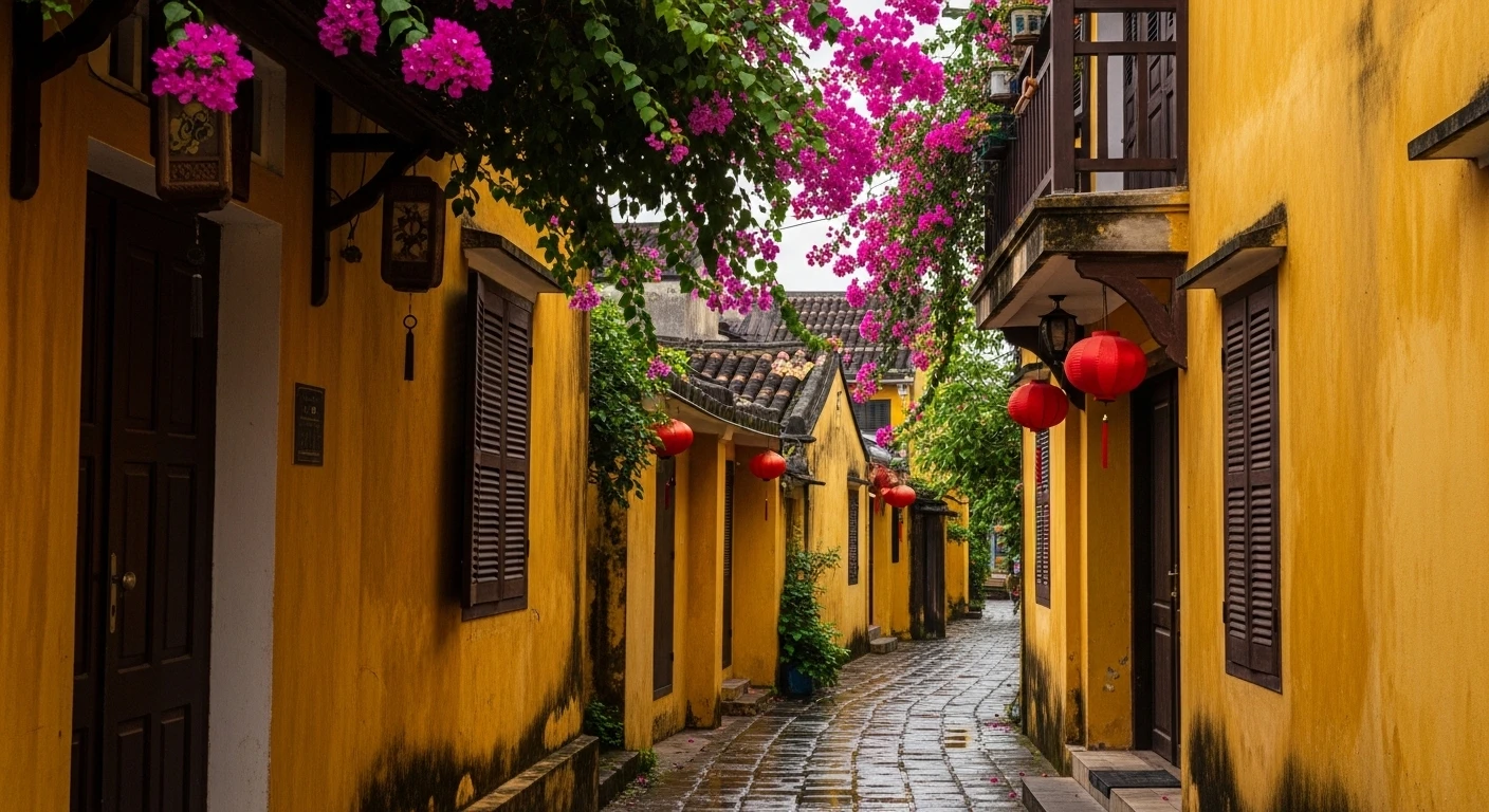 A narrow alley in Hoi An Old Town with mustard-yellow walls and bougainvillea