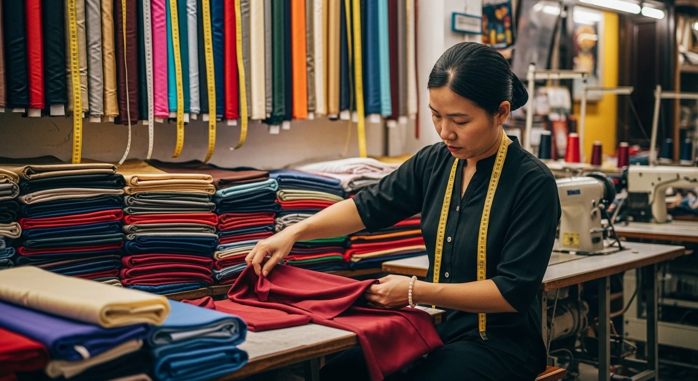 A tailor's shop in Hoi An with bolts of colorful silk fabric and measuring tapes