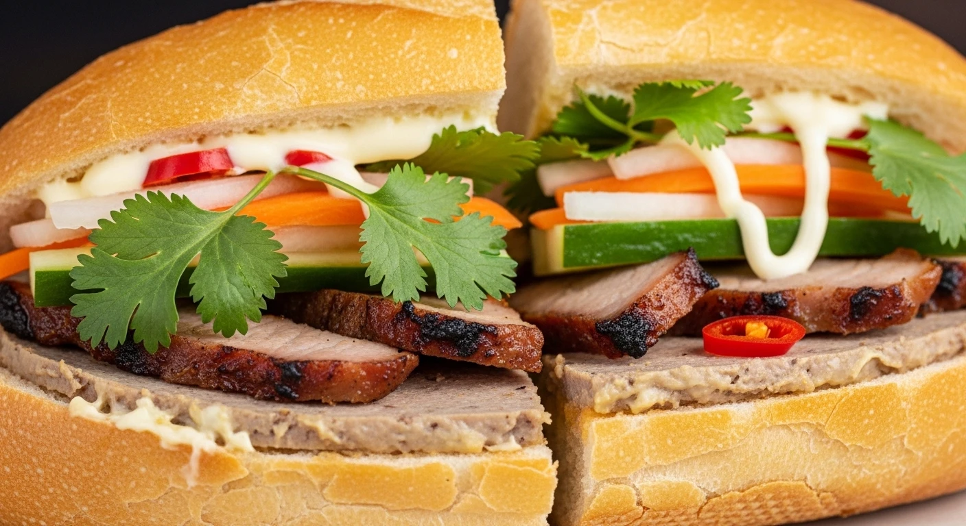 A close-up of a Banh Mi Phuong sandwich with colorful ingredients