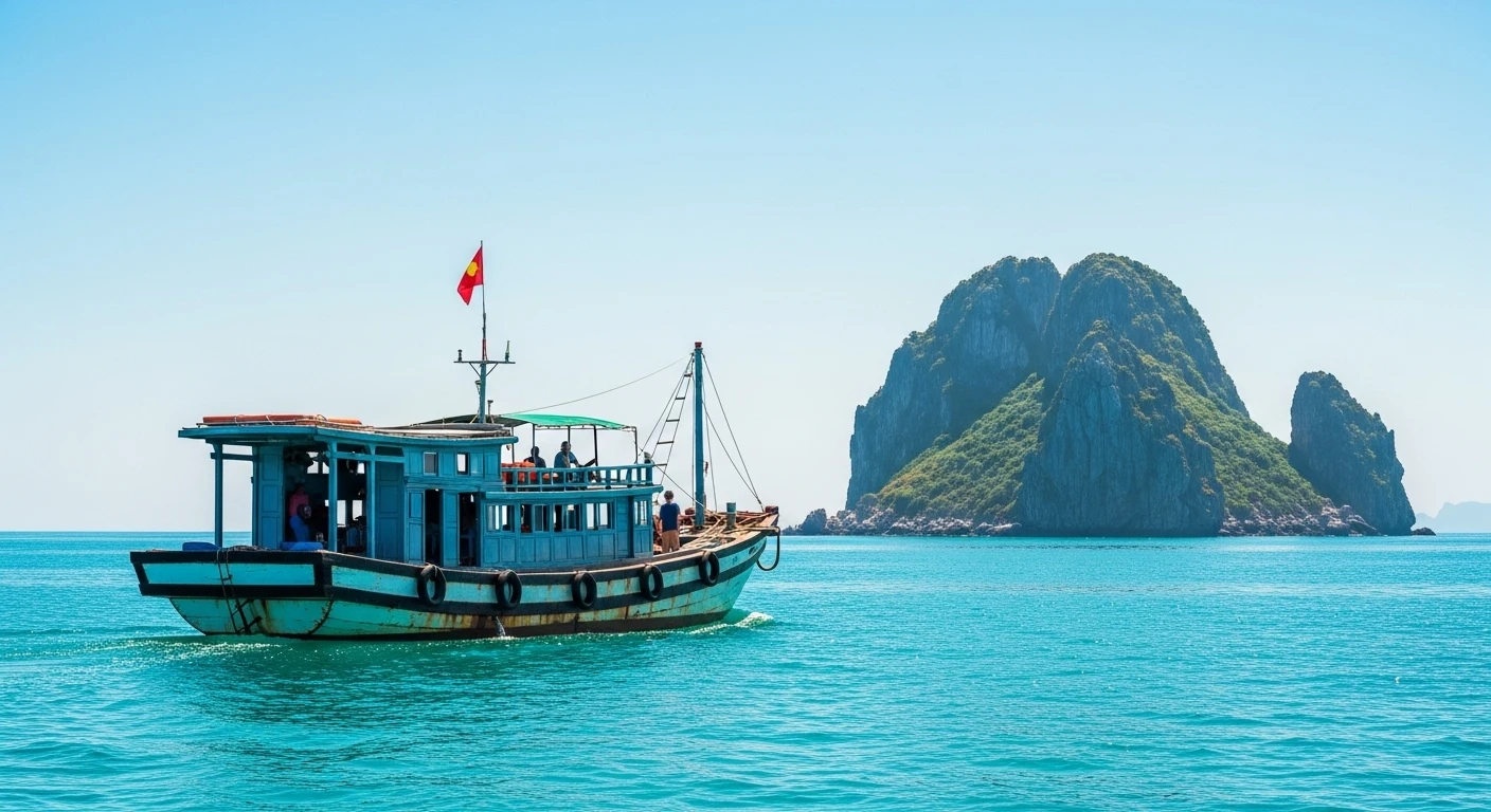 A traditional Vietnamese wooden fishing boat sailing towards Hon Kho Island under a clear blue sky