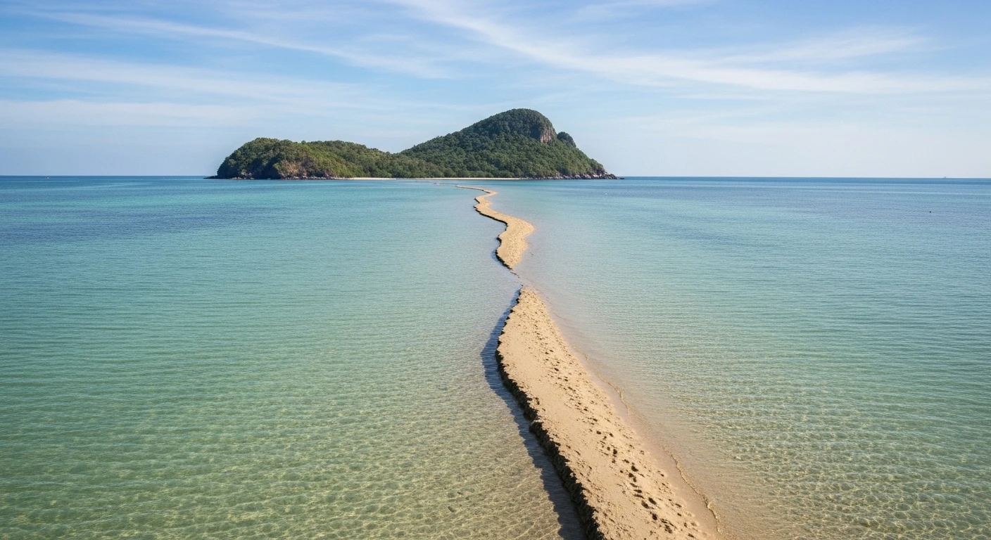 A panoramic view of Hon Kho Island with the submerged sand path visible during low tide