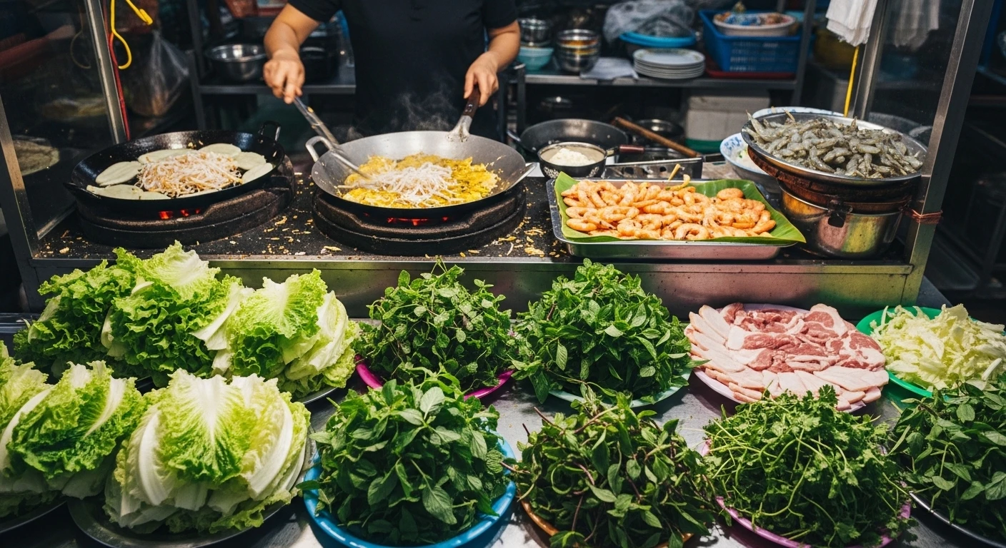 A vibrant street food stall in the Mekong Delta with a large wok and fresh ingredients for Banh Xeo
