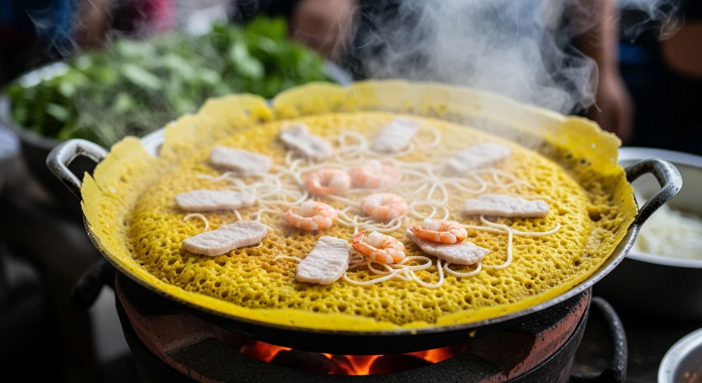 A close-up of a giant, golden-brown Banh Xeo being cooked in a large wok, steam rising