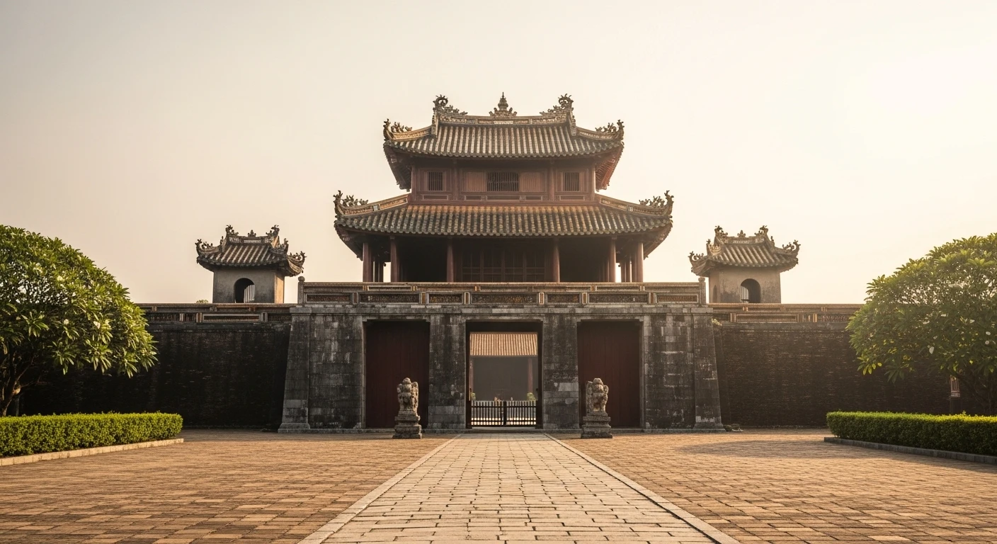 A majestic gate leading into the Hue Imperial Citadel, with traditional Vietnamese architecture