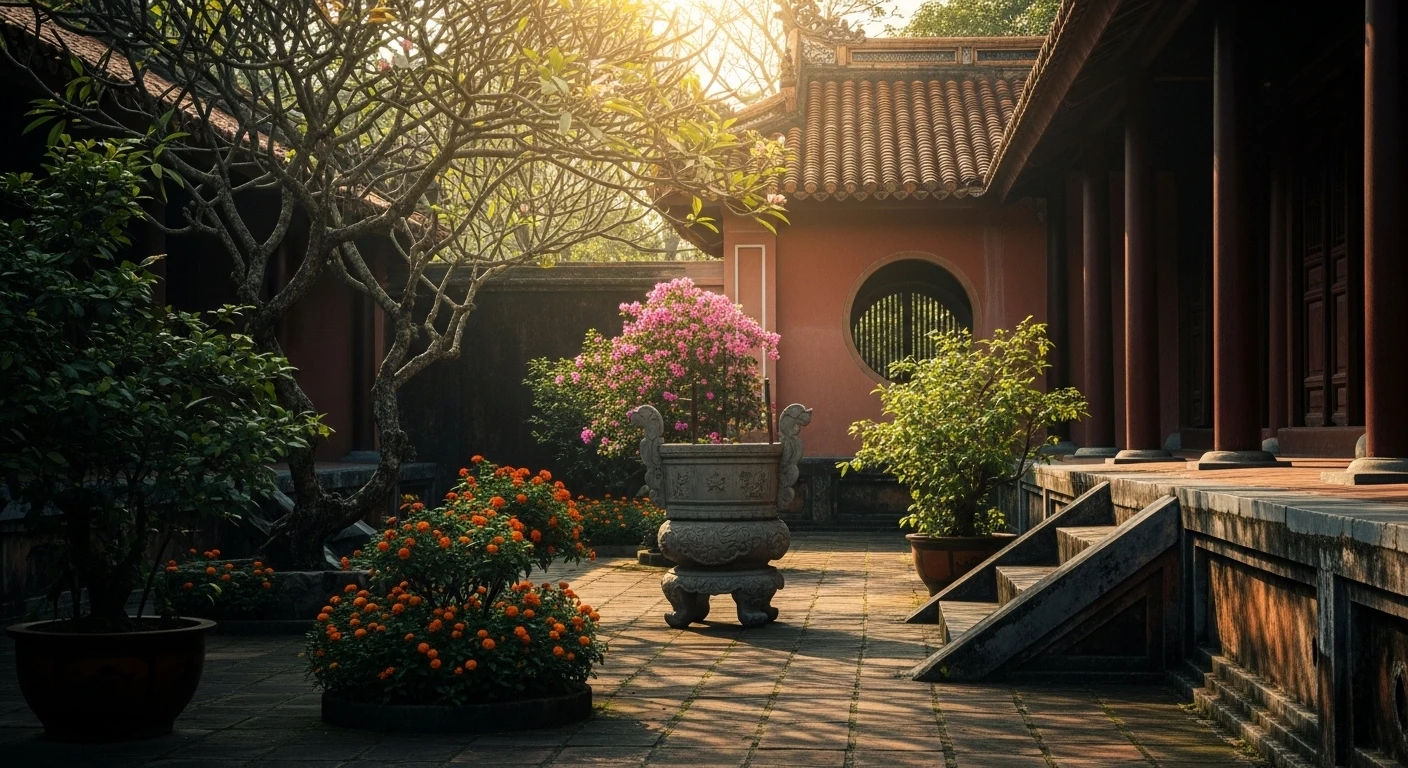 A serene courtyard within the Forbidden Purple City, showing restored architecture and blooming flowers