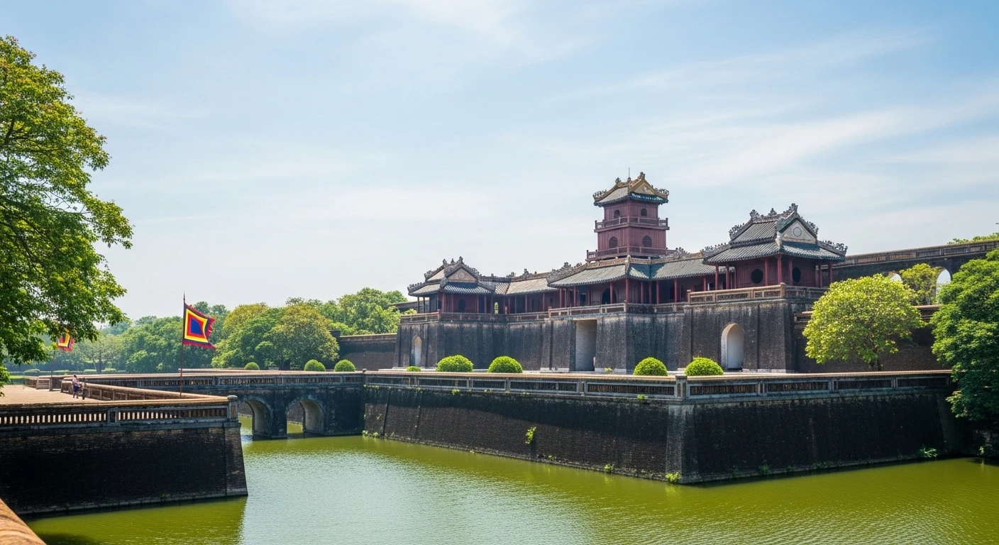 Panoramic view of Hue's Imperial City with the Flag Tower prominently visible