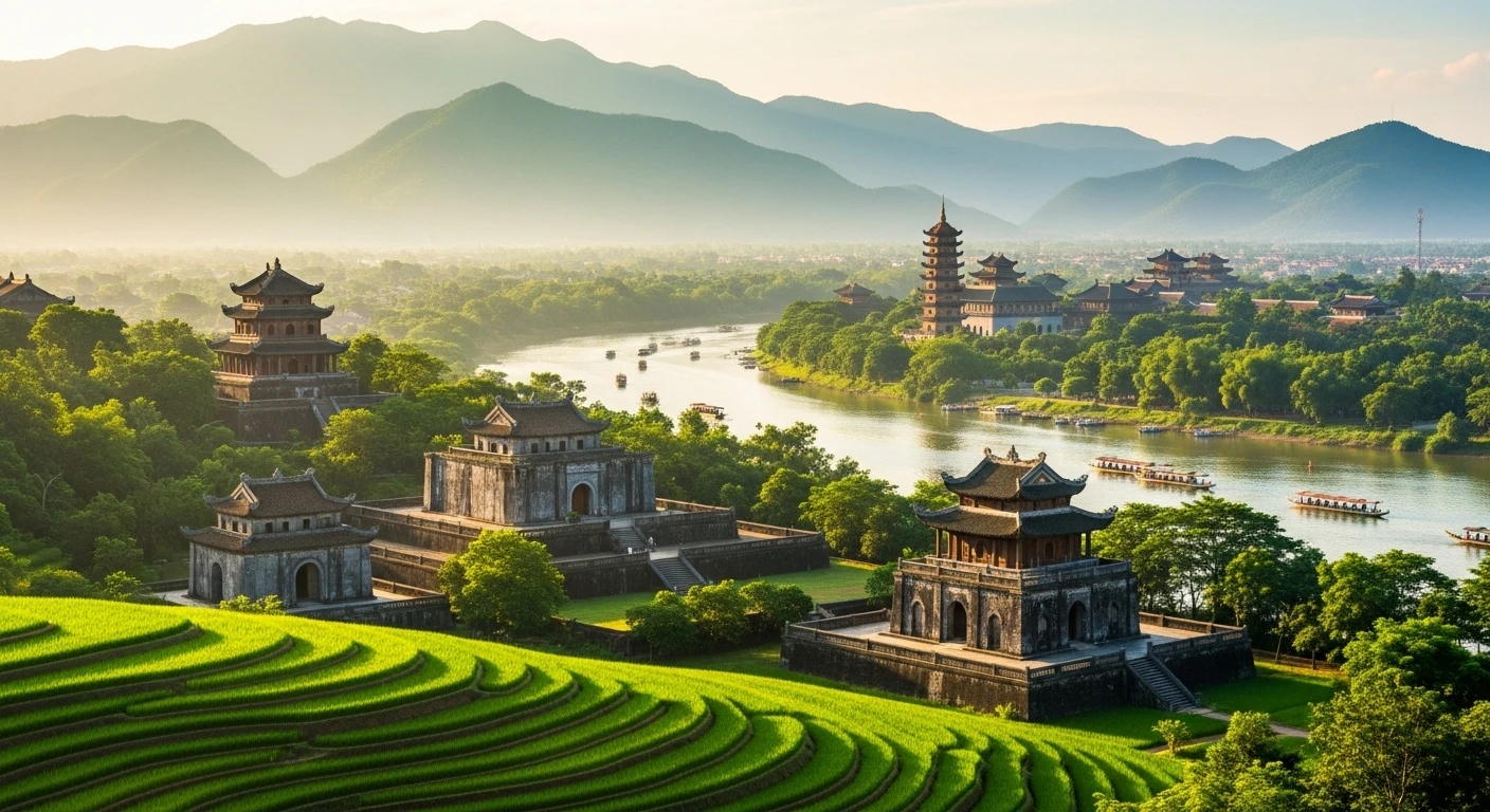 A panoramic view of Hue's lush landscape with imperial tombs scattered throughout