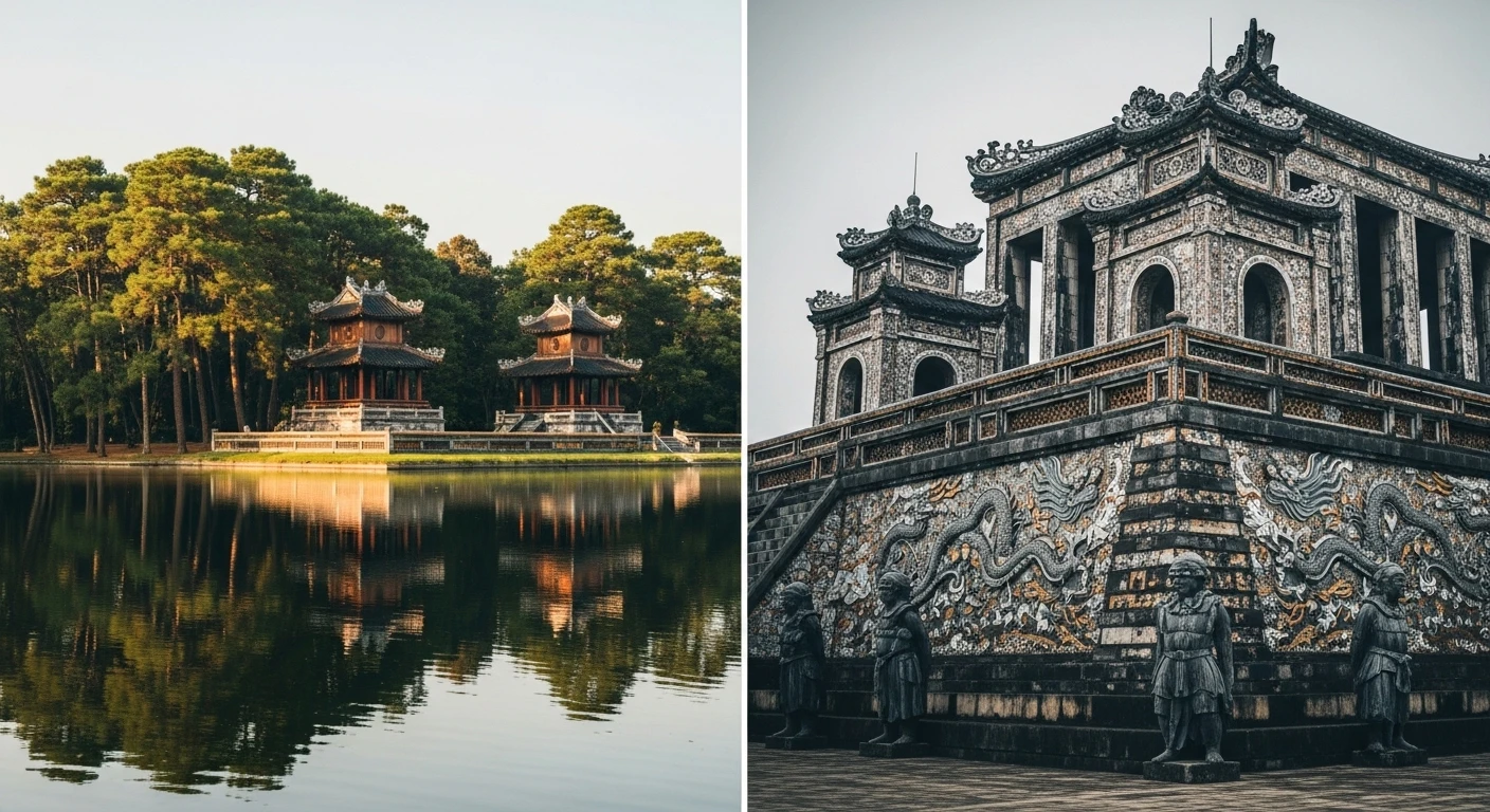 Split image: left side shows lush greenery and pavilions of Tu Duc Tomb, right side shows ornate mosaic facade of Khai Dinh Tomb