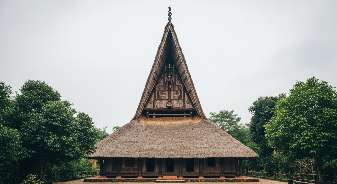 A traditional Bahnar R'ông communal house with its distinctive high, pointed thatched roof