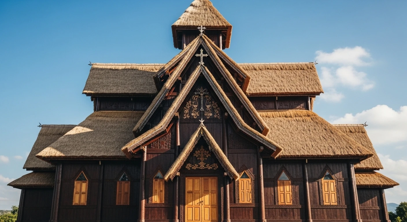 The striking, entirely wooden Kon Tum Roman Catholic Church against a clear blue sky