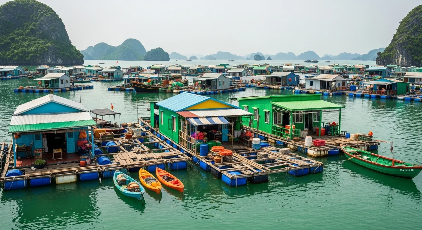 A vibrant floating fishing village in Lan Ha Bay with colorful houses on rafts
