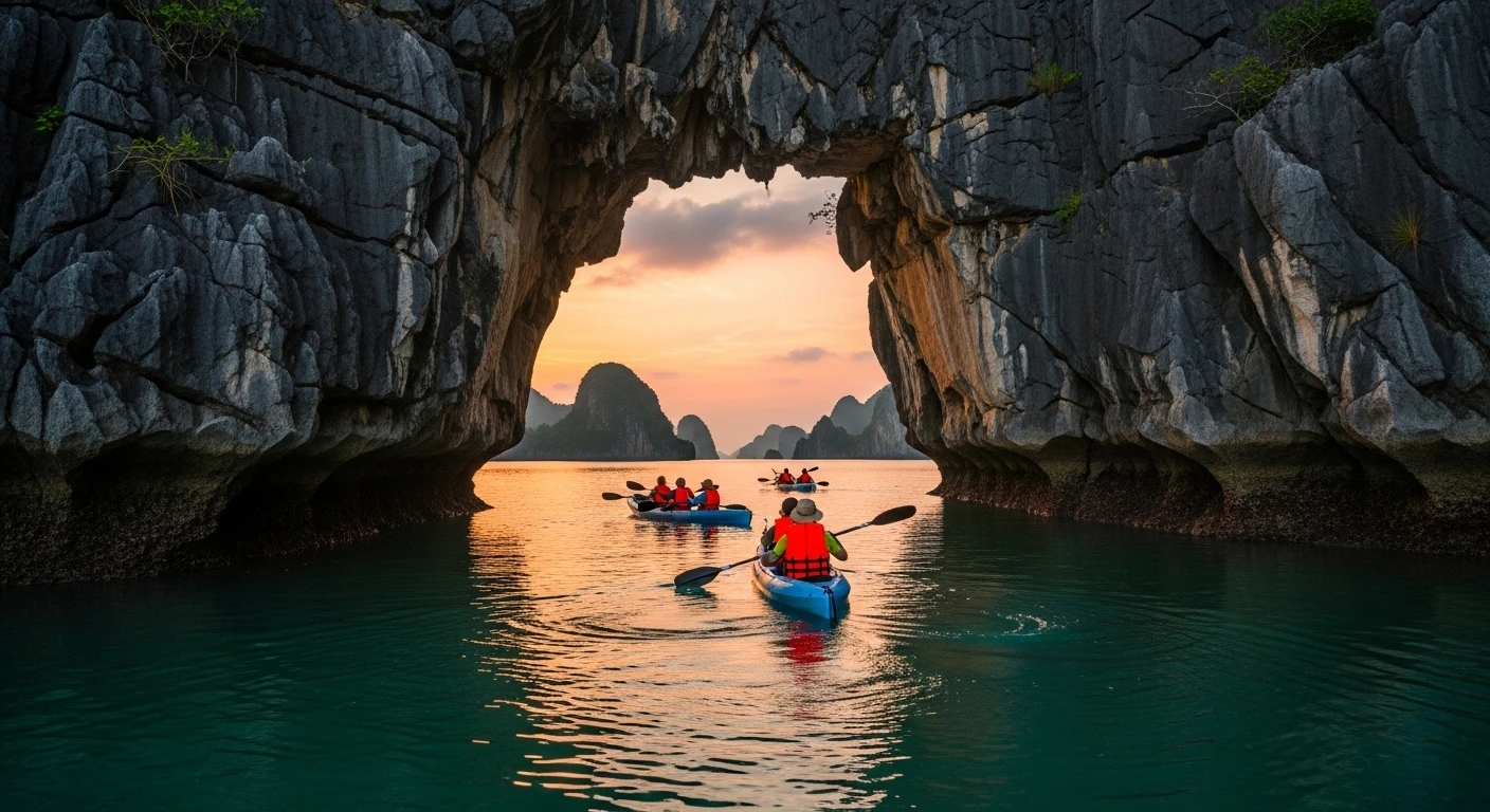 Kayakers paddling through a serene sea cave in Lan Ha Bay at sunset