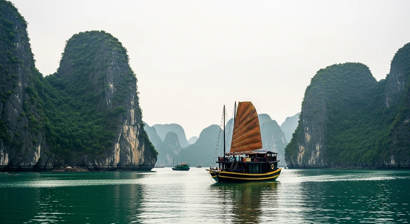 A traditional wooden boat navigating through Lan Ha Bay with towering limestone karsts