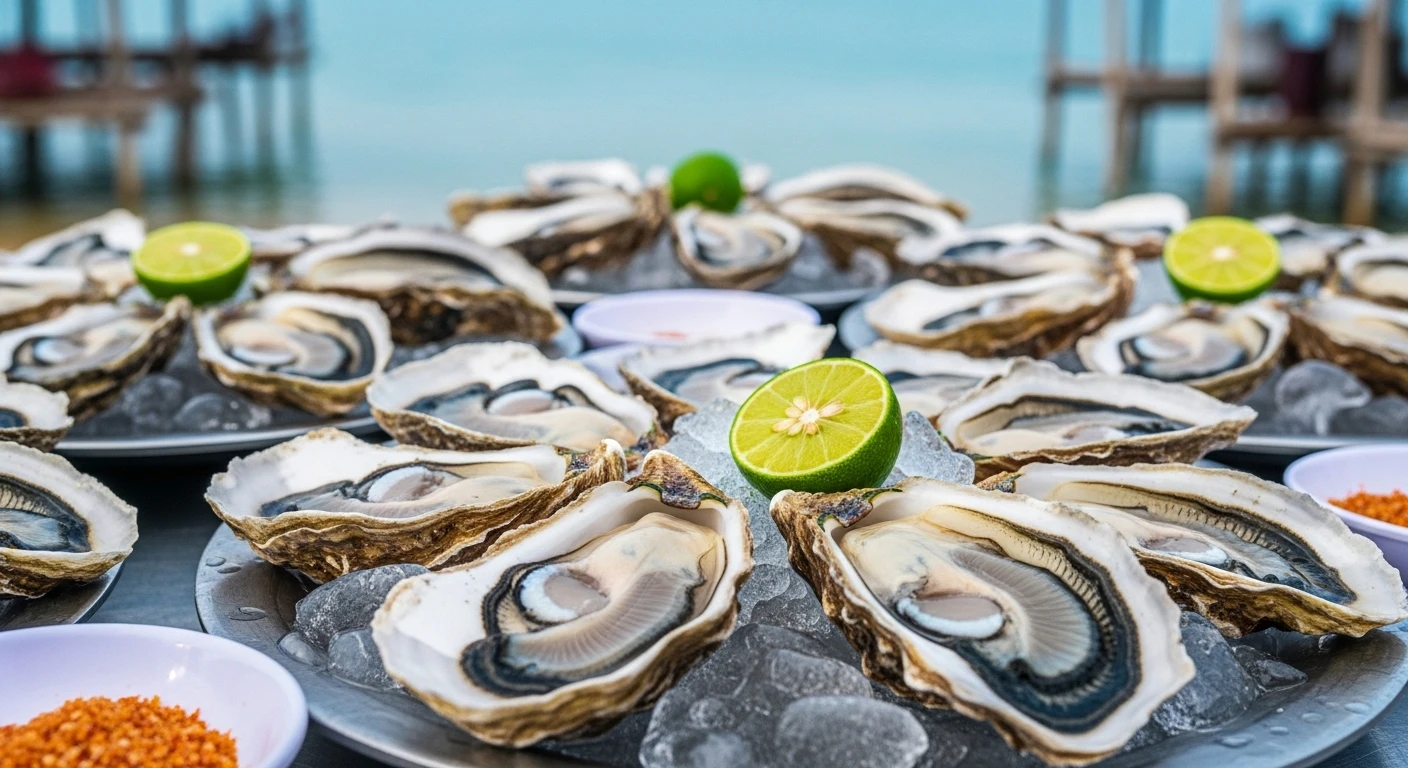 Plates of freshly shucked oysters on ice, with the water of Lang Co Bay visible in the background.