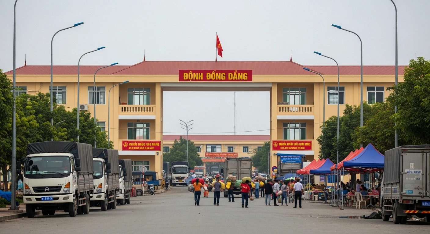 People and goods at the Dong Dang border crossing area, hinting at market activity