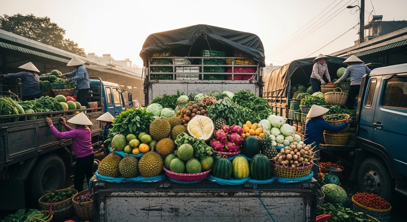 A truck loaded with fresh produce, possibly from the Mekong Delta, arriving at Long Bien market