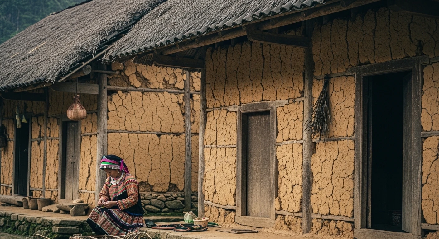 Traditional Lo Lo village houses with earthen walls and thatched roofs