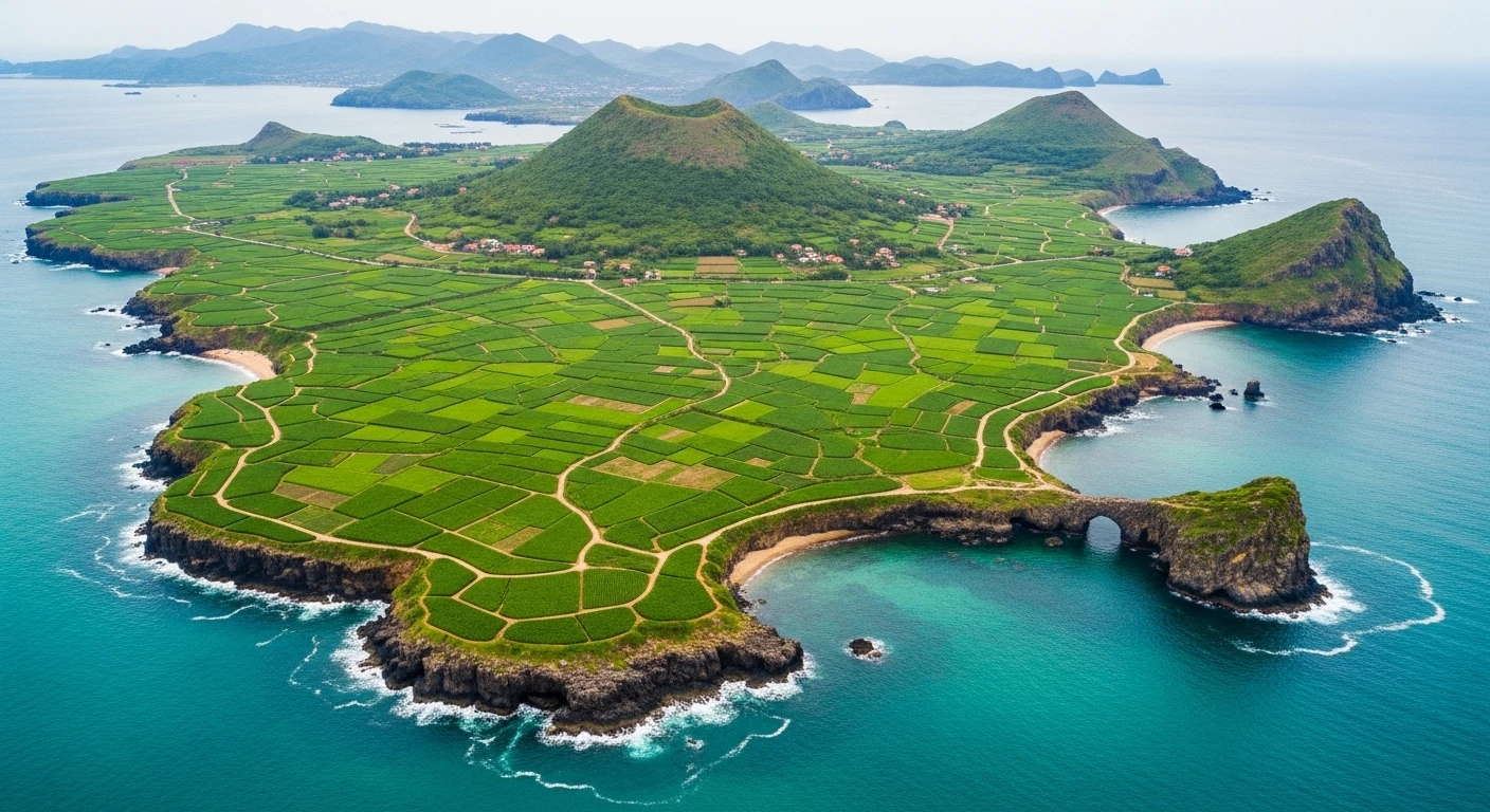 Panoramic view of Ly Son Island with its distinctive volcanic landscape and vast garlic fields